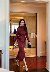 Mock Neck Pleated Peplum Cocktail Dress